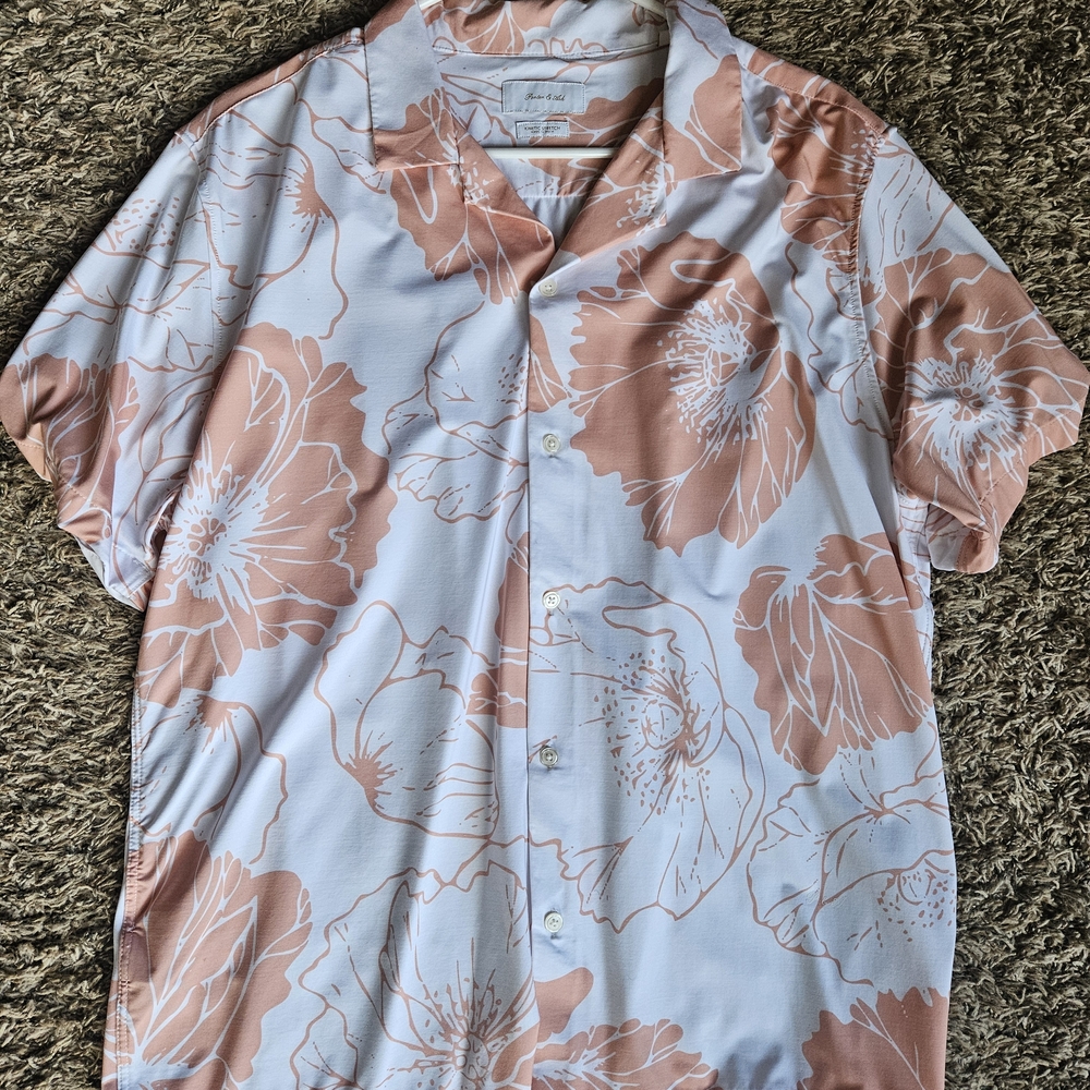 Porter And Ash Floral Print Men's Polo Shirt - Peach and White